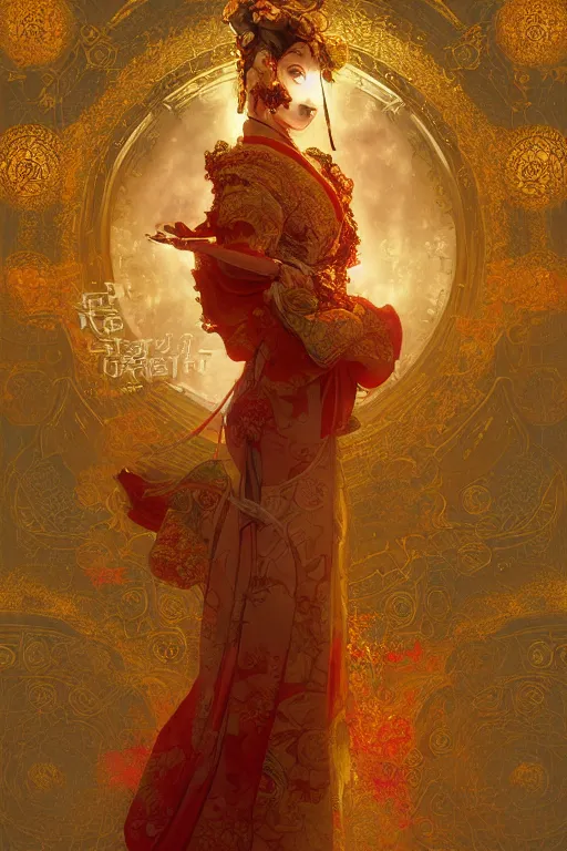 Image similar to tarot card artstation, portrait of a geisha love dancer, sunrise, baroque ornament and rococo ornament, ancient chinese ornate, hyperdetailed, beautiful lighting, craig mullins, mucha, klimt, yoshitaka amano, red and gold and orange color palette