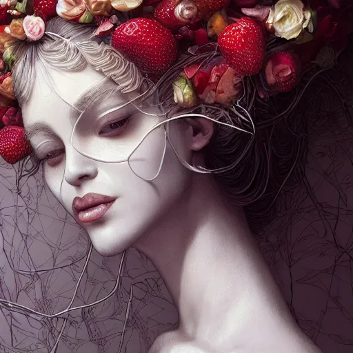 Image similar to the portrait of an absurdly beautiful, graceful, elegant, sophisticated, fashionable woman made of strawberries and white petals looking down, an ultrafine hyperdetailed illustration by kim jung gi, irakli nadar, intricate linework, bright colors, octopath traveler, final fantasy, unreal engine 5 highly rendered, global illumination, radiant light, detailed and intricate environment