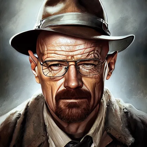 Prompt: walter white as indiana jones, digital painting, extremely detailed, 4 k, intricate, brush strokes, mark arian, artgerm, bastien lecouffe - deharme