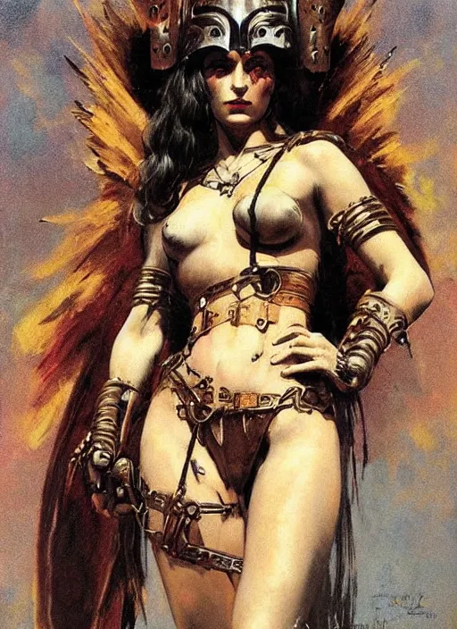 Prompt: portrait of junoesque norwegian female chaos angel, beautiful! coherent! by frank frazetta, by brom, strong line, muted color, rusted spiked armor, iron helm, high contrast, maximalist