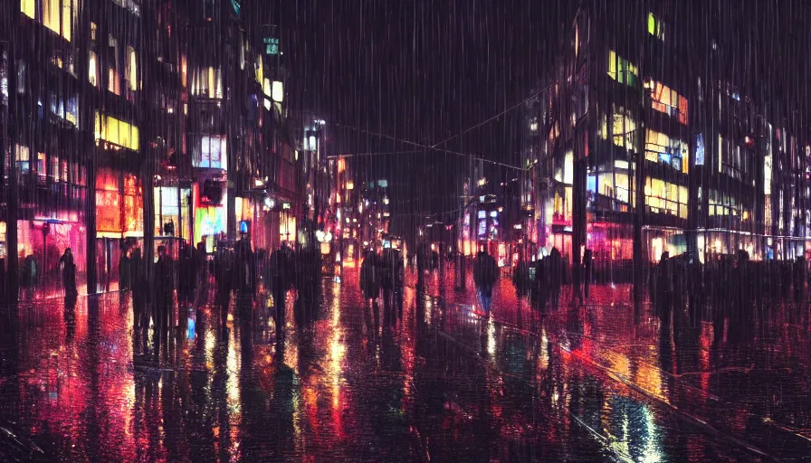 Prompt: rotterdam at rainy night, neons, lights, wet ground, people with umbrellas, hyperdetailed, artstation, cgsociety, 8 k