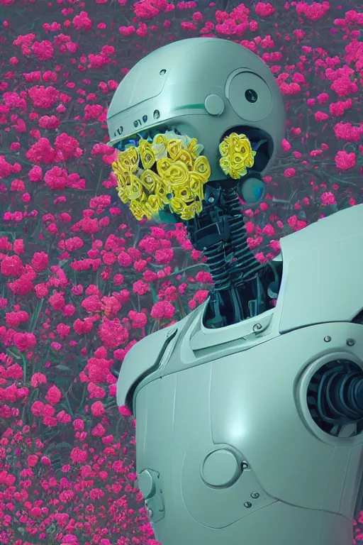 Image similar to a closeup digital painting of a robot surrounded by flowers by Mike Winkelmann, cgsociety, environmental art, made of flowers, anaglyph filter, digital painting