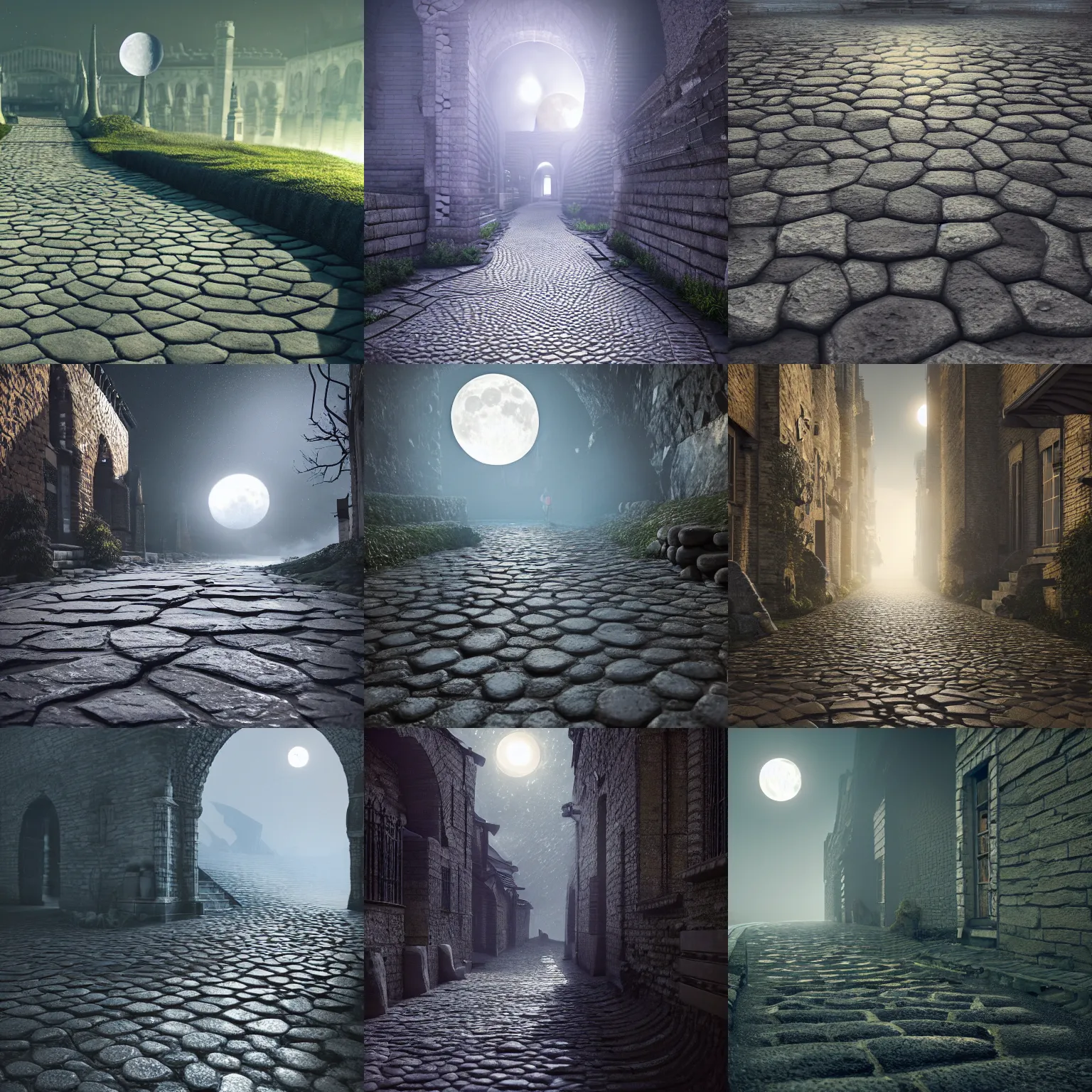 Prompt: cobblestone path leading to the moon,, intricate detail, volumetric lighting, epic composition, hyper detailed, ultra realistic, sharp focus, octane render, volumetric, ray tracing, sense of awe, swirling mist, 4 k