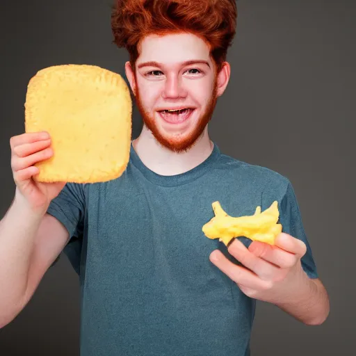 Prompt: photo of a young man with auburn hair, freckles, green eyes, and a kentucky fried chicken employee shirt, holding a piece of cheese shaped like kentucky