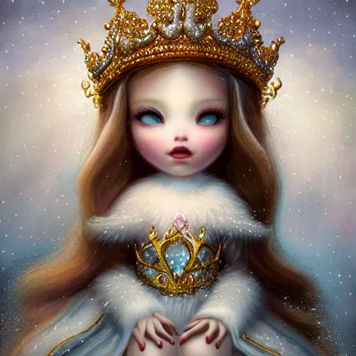 Prompt: highly detailed closeup portrait of a snow, ice princess, she is wearing a crown, she is sitting on a throne, fluffy bears are standing around, nicoletta ceccoli, mark ryden, lostfish, earl nore, global illumination, god rays, detailed and intricate environment