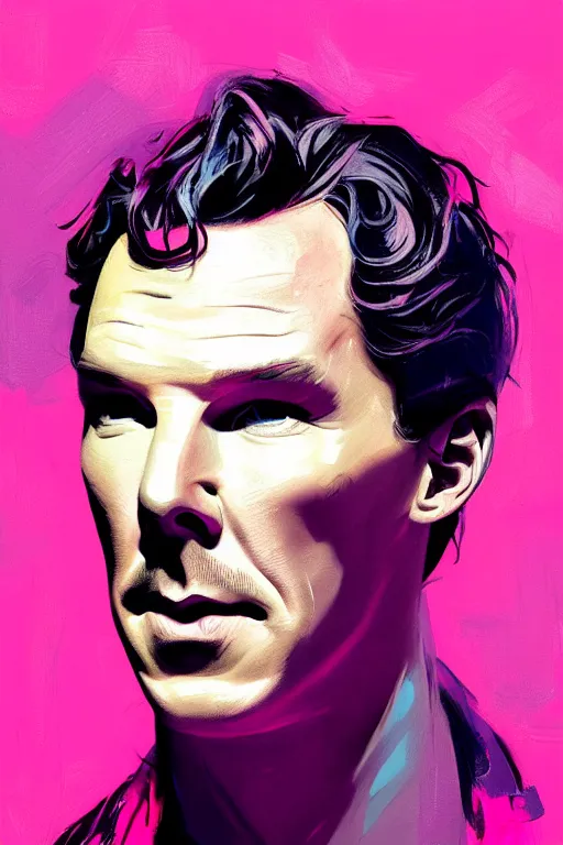 Prompt: portrait of benedict cumberbatch, painted in acrylic, pigment, in the colors hot pink and cyan, beautiful realistic face, rule of thirds, soldier outfit, spotlight, by greg rutkowski, by jeremy mann, by francoise nielly, by van gogh, digital painting