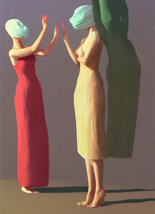 Image similar to two women hugging paper bag over the head translucent dress made of plastic bags Edward Hopper and James Gilleard, Zdzislaw Beksinski, highly detailed