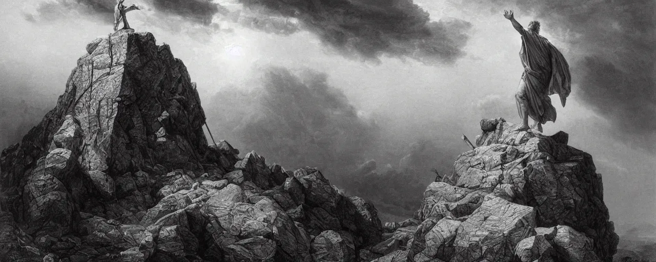 Image similar to medium shot of moses on top of a mountain holding up in the air the ten commandments stone tablets, photorealistic, highly detailed, texture, soft light, dramatic, moody, ambient, painting by gustave dore