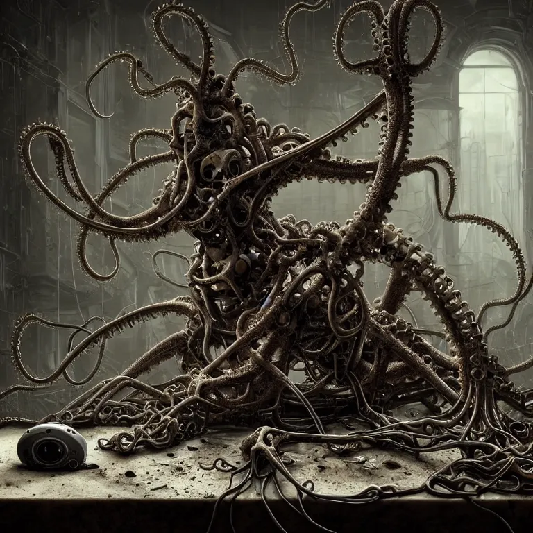 Prompt: still life of abandoned biomechanical robot laying on a table, white human spine, covered with tentacles, roots, wires, tubes, baroque painting, standing in a desolate empty wasteland, creepy, nightmare, dream-like heavy atmosphere, surreal abandoned buildings, baroque painting, beautiful detailed intricate insanely detailed octane render trending on Artstation, 8K artistic photography, photorealistic, chiaroscuro, Raphael, Caravaggio, Beksinski, Giger