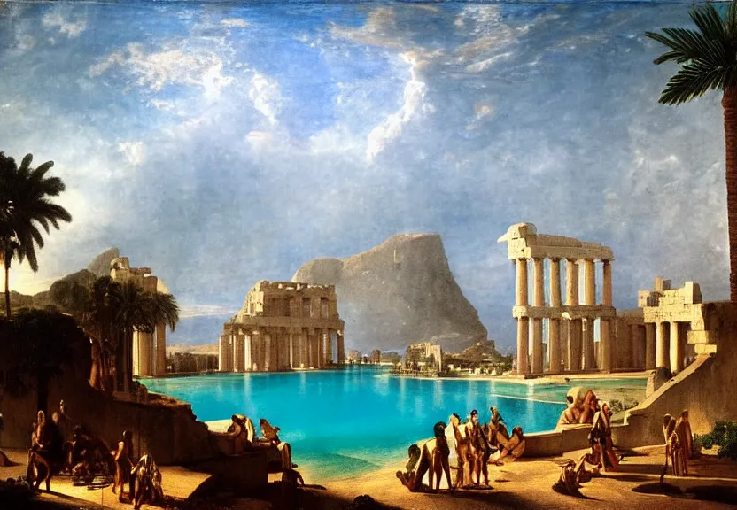 Image similar to The highest coliseum ever made, 1km tall, thunderstorm, greek pool, beach and palm trees on the background major arcana sky, by paul delaroche, hyperrealistic 4k uhd, award-winning very detailed