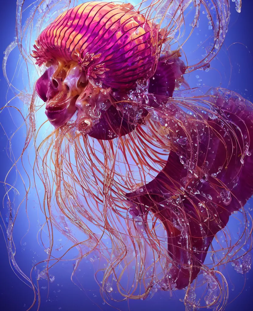 Image similar to close-up portrait of the face of a beautiful princess in a twisted flowers orchid jellyfish mask surrounded by energy flow, epic angle and pose, symmetrical artwork, 3d with depth of field, blurred background, floating jellyfish skull phoenix bird, translucent, nautilus, energy flows of water and fire. a highly detailed epic cinematic concept art CG render. made in Maya, Blender and Photoshop, octane render, excellent composition, cinematic dystopian brutalist atmosphere, dynamic dramatic cinematic lighting, aesthetic, very inspirational, arthouse. y Greg Rutkowski, Ilya Kuvshinov, WLOP, Stanley Artgerm Lau, Ruan Jia and Fenghua Zhong