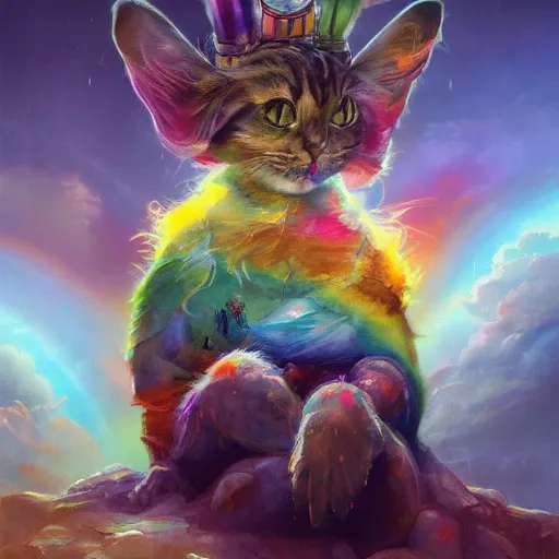 Image similar to The Rainbow cat enthroned , hyperrealism, no blur, 4k resolution, ultra detailed, style of Peter Mohrbacher, James Gurney, Ismail Inceoglu