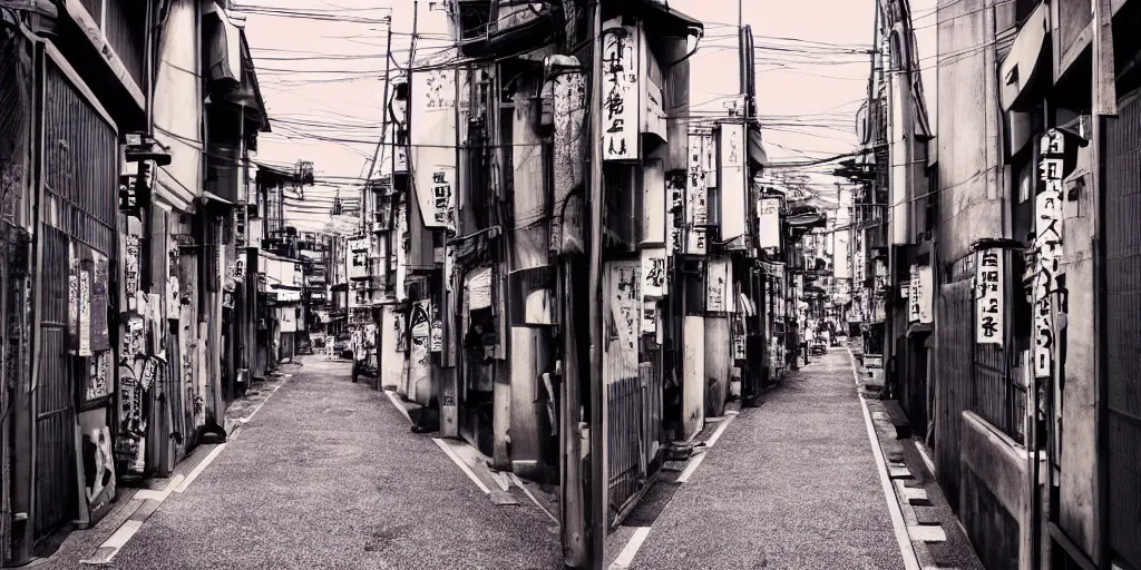 Prompt: japanese city back alleys by robert hubert