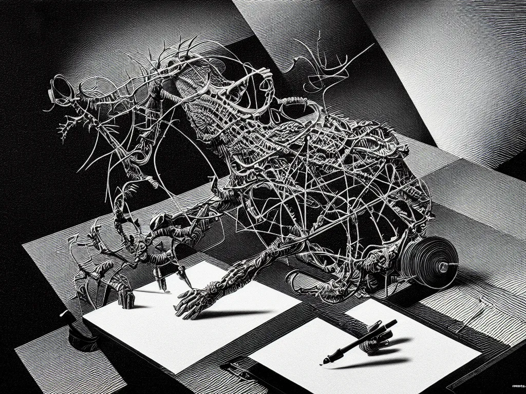 Image similar to highly detailed photo of plotter drawing life, trending on deviantart, neo surrealism, sharp focus, a lot of little details, octane, masterpiece, art by max ernst