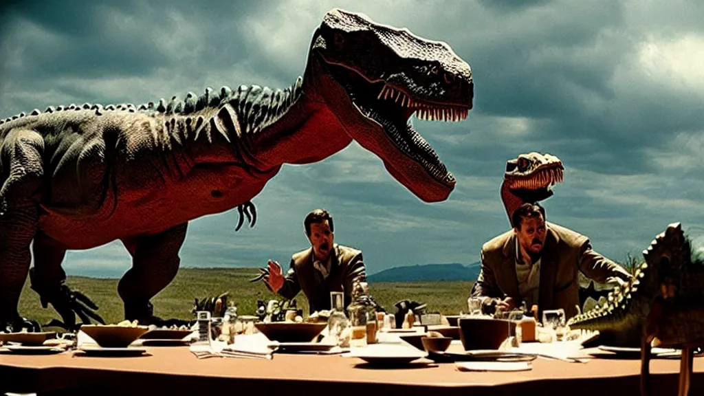 Prompt: the strange dinosaur sits at a table, film still from the movie directed by Denis Villeneuve with art direction by Salvador Dalí, long lens