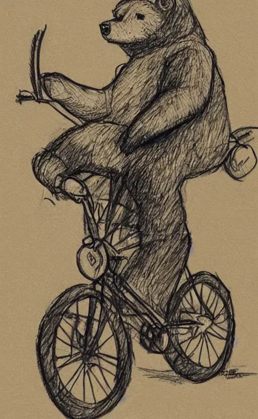 Image similar to sketch drawing of a bear riding a bicycle