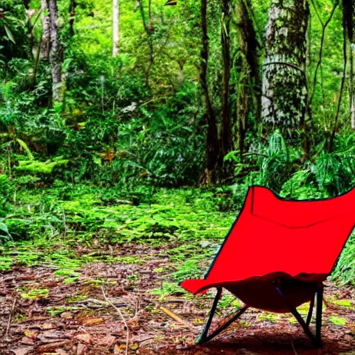 Prompt: a red camping chair in the middle of a dense jungle. the chair is far away from the camera.