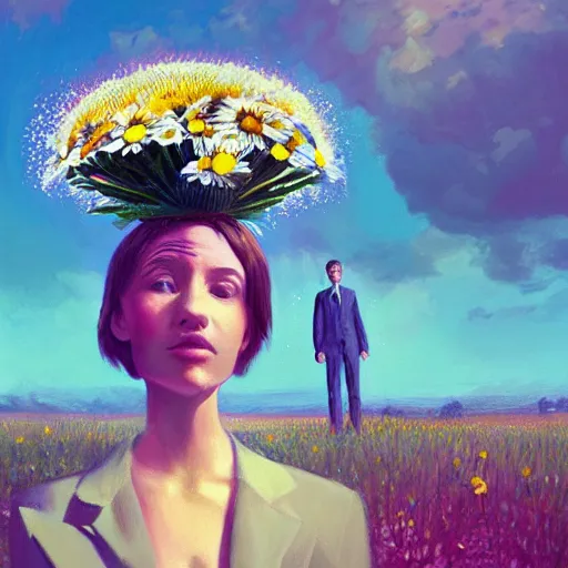 Image similar to giant daisy flower head, frontal, girl in a suit, surreal photography, sunrise, dramatic light, impressionist painting, digital painting, artstation, simon stalenhag