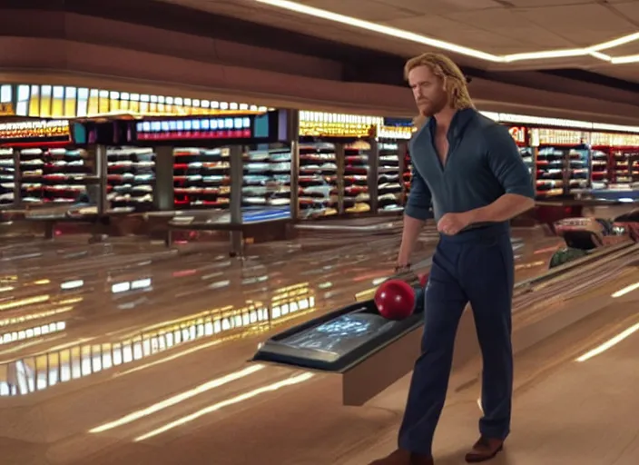 Image similar to film still of Thor working at the shoe counter in a bowling alley in the new Avengers movie, 4k