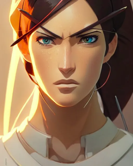 Image similar to azctec archer, megan fox, gemstone forehead, detailed perfect face, exquisite details, fire magic, mid view, design on a white background, by studio muti, greg rutkowski makoto shinkai takashi takeuchi studio ghibli