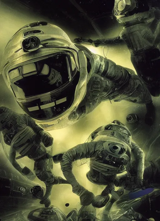 Image similar to astronauts in dark and empty void underwater - complex and hyperdetailed technical suit. reflection and dispersion materials. rays and dispersion of light. volumetric light. 5 0 mm, f / 3 2. noise film photo. flash photography. ultra realistic, wide angle. poster by wayne barlowe, hajime sorayama aaron horkey, craig mullins