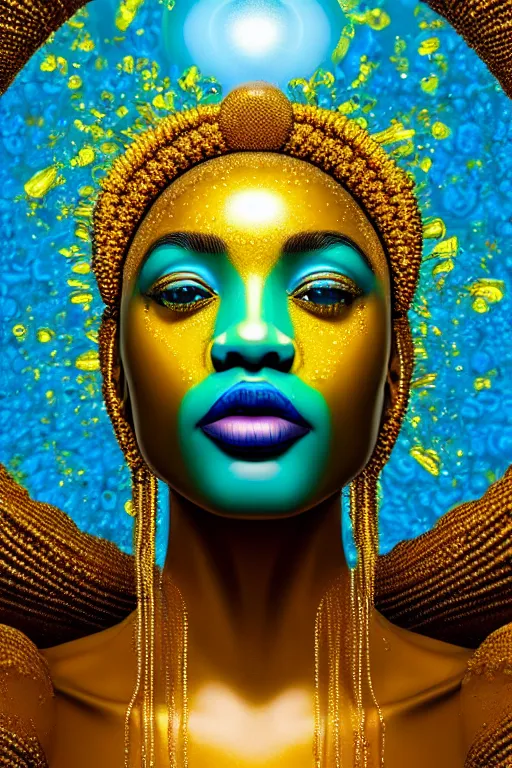 Image similar to hyperrealistic precisionist cinematic very expressive! oshun goddess, water mirror dripping droplet!, gold flowers, highly detailed face, digital art masterpiece, smooth eric zener cam de leon, dramatic pearlescent turquoise light on one side, low angle uhd 8 k, shallow depth of field