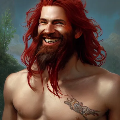 Image similar to portrait of a young ruggedly handsome but joyful pirate, male, masculine, upper body, red crimson crimson hair, long long flowing hair, fantasy, very smug smirk, intricate, elegant, highly detailed, digital painting, artstation, concept art, matte, sharp focus, illustration, art by artgerm and greg rutkowski and alphonse mucha