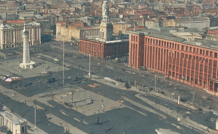 Image similar to high quality 2000s historic footage of soviet square with lenin statue with stanilist style high rise and pedestrians, color aerial photo drone, Cinestill 800t ektachrome, heavy grainy picture, very detailed, high quality, 4k panoramic