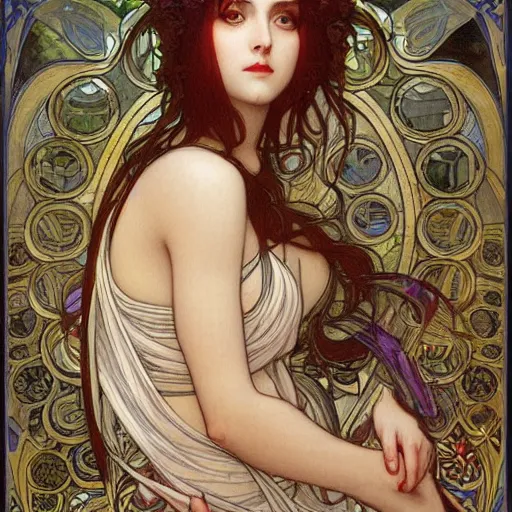 Prompt: romantic painted portrait of cortana by james jean, mucha