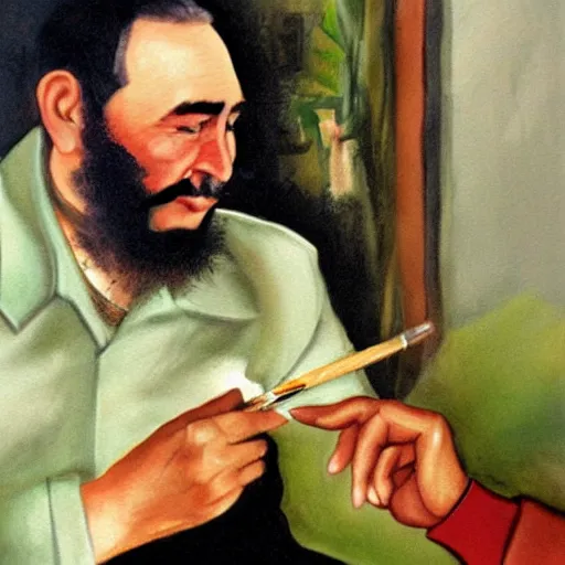 Image similar to Fidel Castro having a joint, painting of Sebastian Murphy