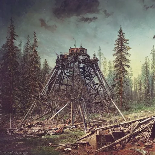 Image similar to a ivan shishkin and simon stalenhag photo of a ruined building under an enormous robot, the sky is cloudy. the moon is full.