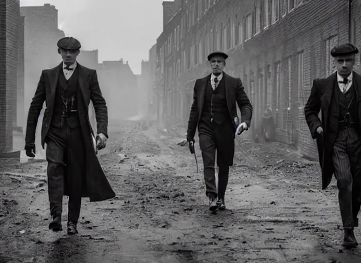 Image similar to an action scene from peaky blinders, medium long shot, cillian murphy and tom hardy, sharp eyes, serious expressions, detailed and symmetric faces, black and white, cinematic, epic,