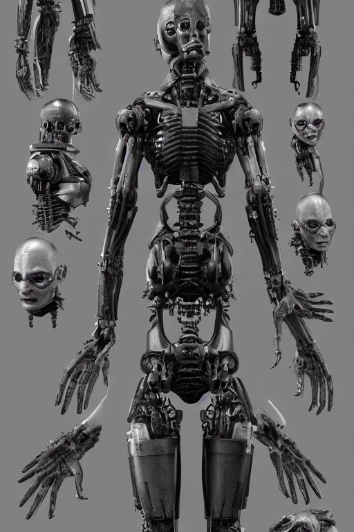 Image similar to cyborg cyclopes with gunmetal grey skin, medical anatomy, cyberpunk face, highly detailed, japanese, mecha asthetic, mechanical implants, three - view reference sheet ( front / back / side ), in the style of dan ouellette, dren from splice, hr giger, sil from species, artstation, unreal engine