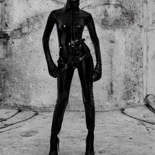 Image similar to fashion photography of an extraterrestrial model, holding a leather whip, wearing demobaza fashion, inside berghain, berlin fashion, harness, futuristic fashion, dark minimal outfit, photo 3 5 mm leica, hyperdetail, berghain, 8 k, very detailed, photo by nick knight