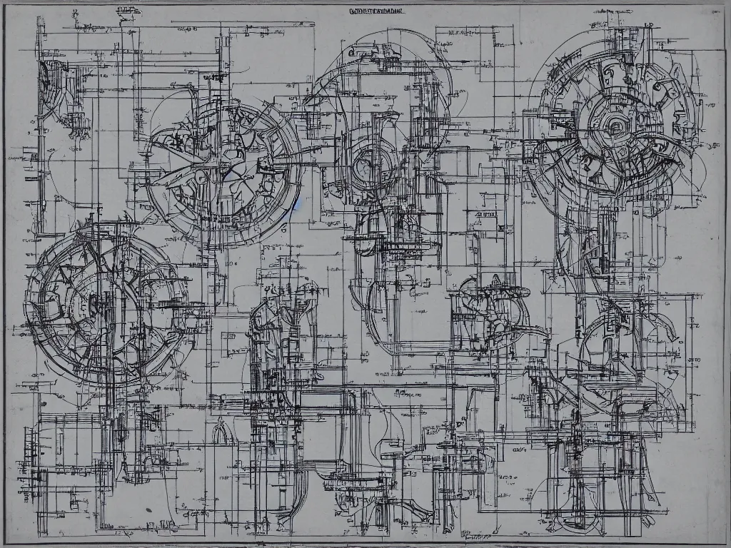 Image similar to engineering schematics of a mechanical grandmother head, blueprint, complex, precise, intricate, detailed, engineering plans, technical book page