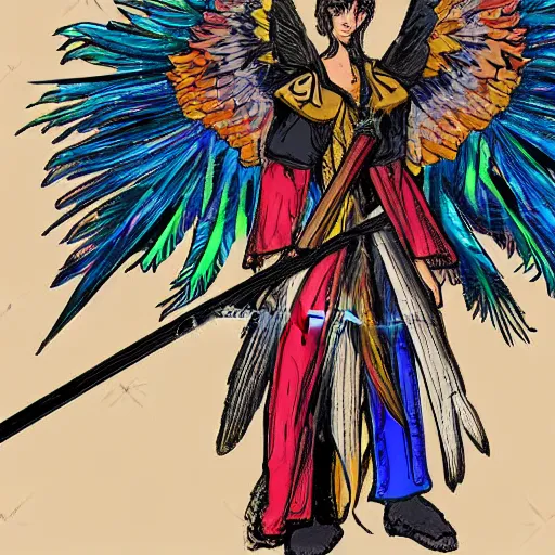 Image similar to medieval weapon, long spear made of feathered wings, prismatic, multi colored feathers, anime style, white background