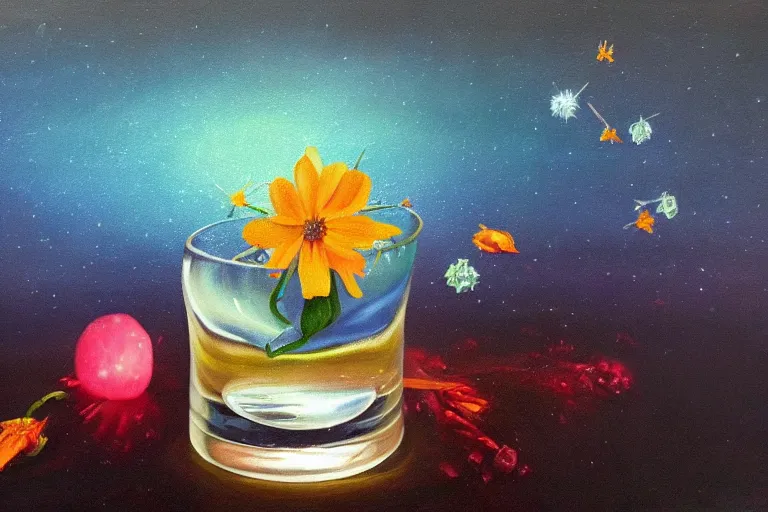 Prompt: hyperrealism oil painting, ice cube with flowers and fireflies, gradient mixed with nebula sky, in style of baroque