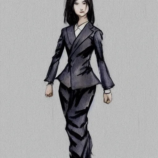 Image similar to a perfect, realistic professional digital sketch of a Japanese young business lady posing, in style of Marvel, full length, by pen and watercolor, by a professional American senior artist on ArtStation, a high-quality hollywood-style sketch, on high-quality paper