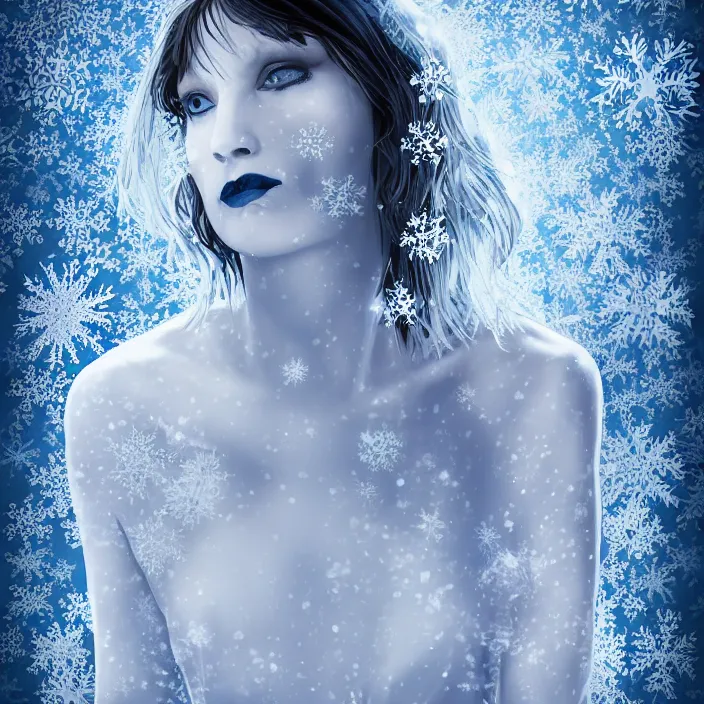 Image similar to a woman wearing a highneck dress made out of snowflakes. she is sickly looking and dying of hypothermia. very pale and blue lips. full body digital portrait by maromi sagi