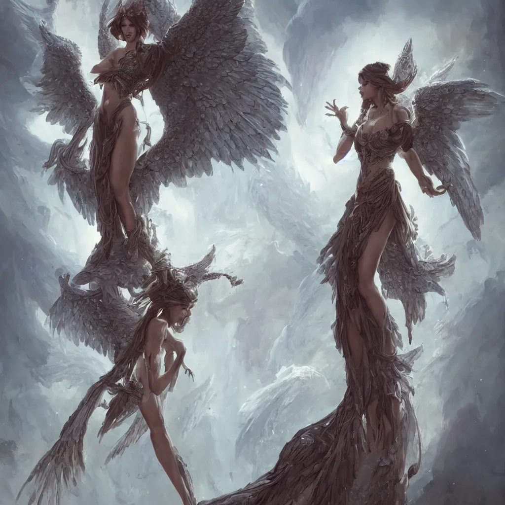 Image similar to full body portrait of a girl angel, wings, d & d, fantasy, intricate, elegant, highly detailed, digital painting, artstation, concept art, smooth, sharp focus, illustration, art by artgerm and greg rutkowski and peter mohrbacher & greg rutkowski & alexandros pyromallis & nekro & rene maritte