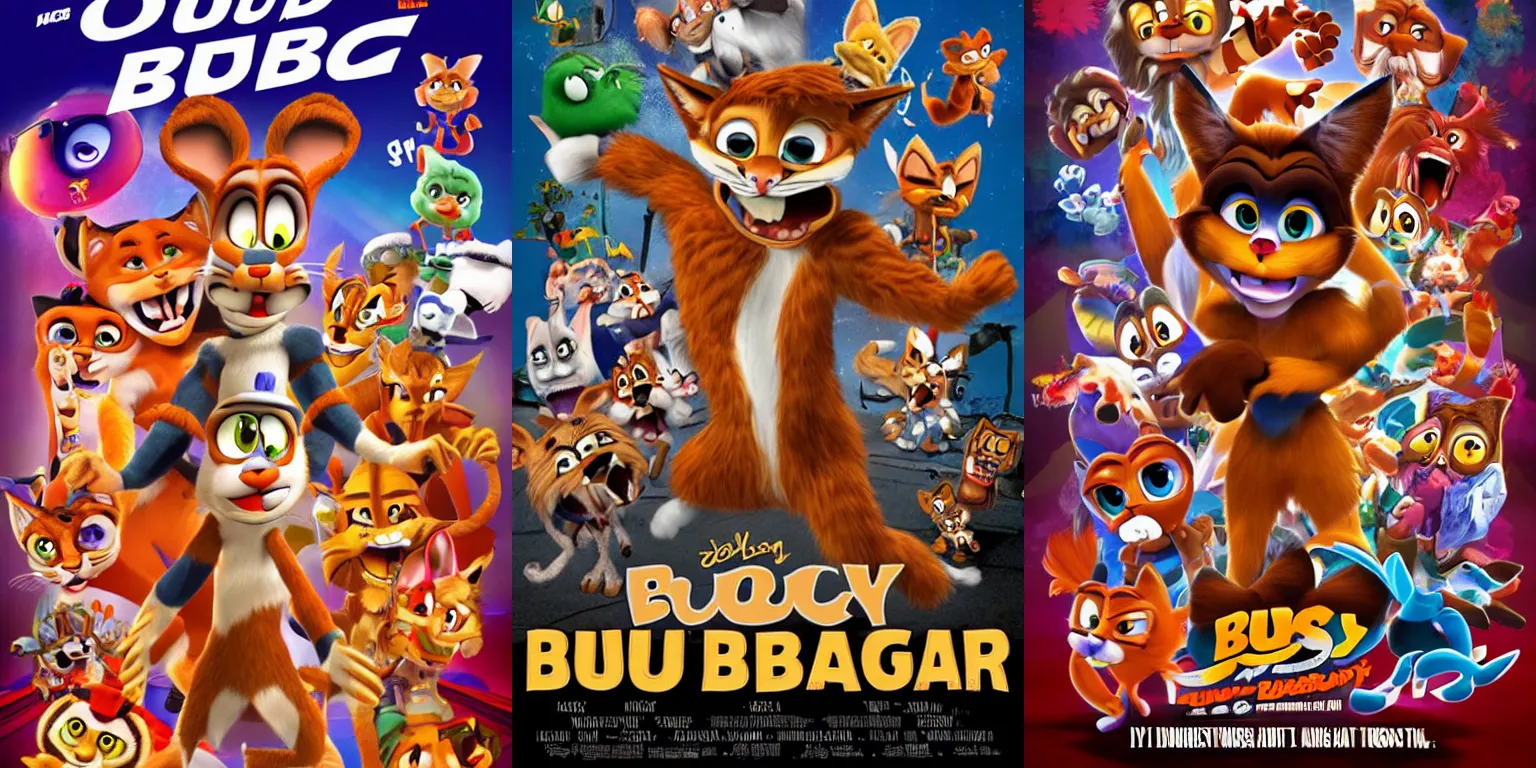 Prompt: expressive stylistic movie poster for bubsy the bobcat the movie