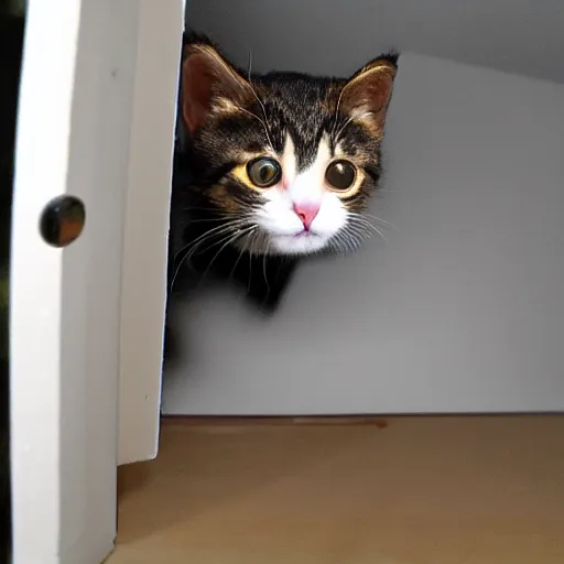 Image similar to small cat looking through doorcam in the middle of the night