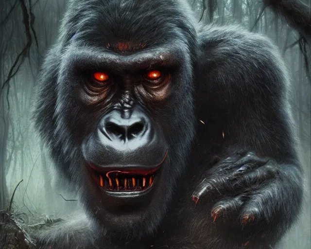 Image similar to 5 5 mm portrait photo of a demonic undead gorilla looking at the camera, in a magical forest, dark atmosphere, art by greg rutkowski and luis royo, highly detailed, 8 k, intricate, lifelike, soft light