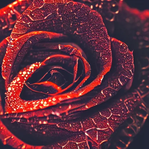 Image similar to award - winning macro of a beautiful black rose made of fire