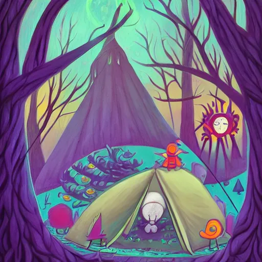 Prompt: a tent by the river in the deep, remote woods by jeremiah ketner, from nightmare before christmas | detailed | elegant | trending on artstation