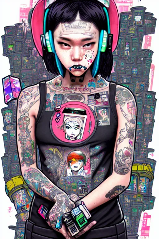 Image similar to full view, from a distance, of anthropomorphic trashcan who is cyberpunk girl with tattoos playing video games, style of yoshii chie and hikari shimoda and martine johanna, highly detailed