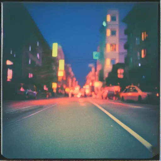 Image similar to colorful instant photograph of the middle of the street at night, polaroid, light leak, raw, nostalgic