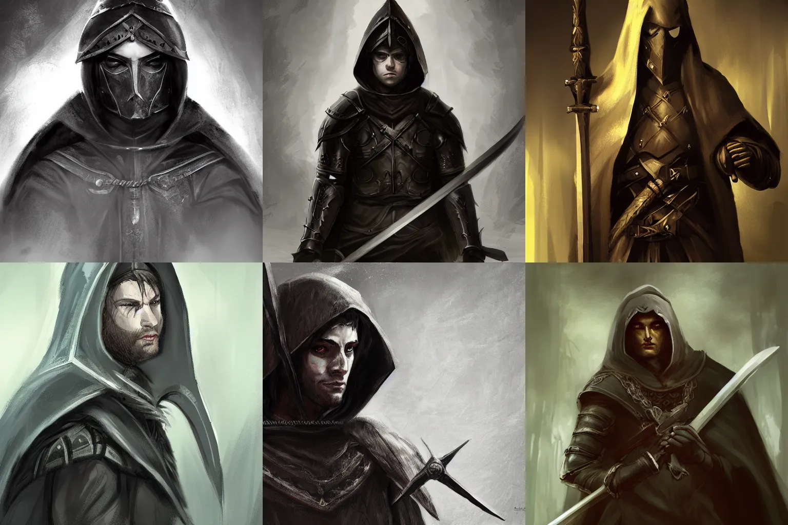 Prompt: concept art, portrait, young man, dark medieval clothes, Hood, two swords, high detail, digital art, fantasy, RPG