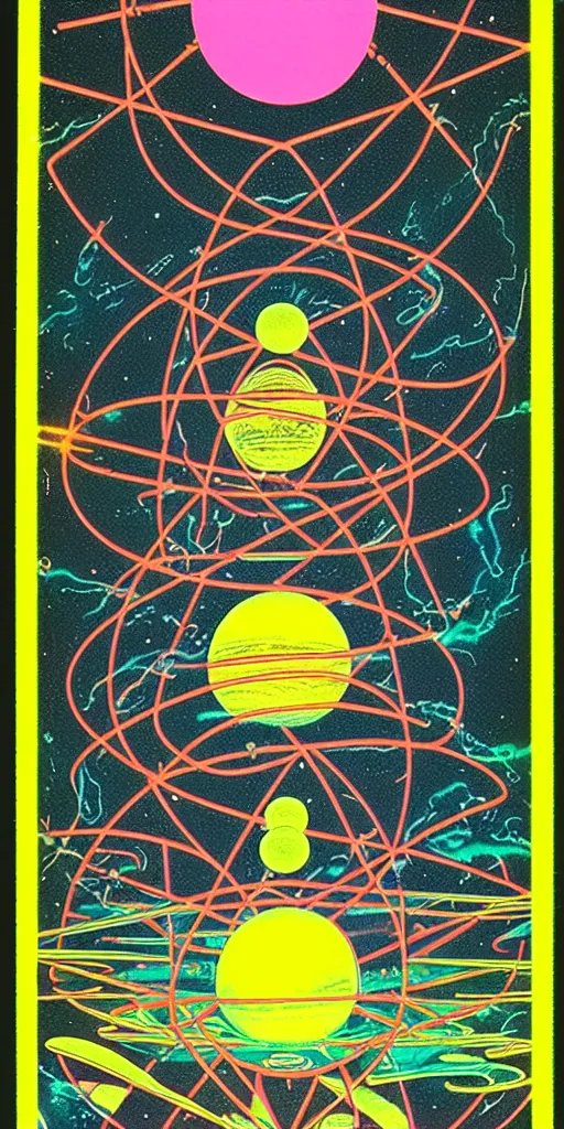 Image similar to 1968 science fiction tarot card, cut out collage, neon Aztec, non Euclidean, spring on Saturn, epic theater, deep sea, mountain plants, drawings in part by moebius, part by Ernst Haekl, text by William S Boroughs