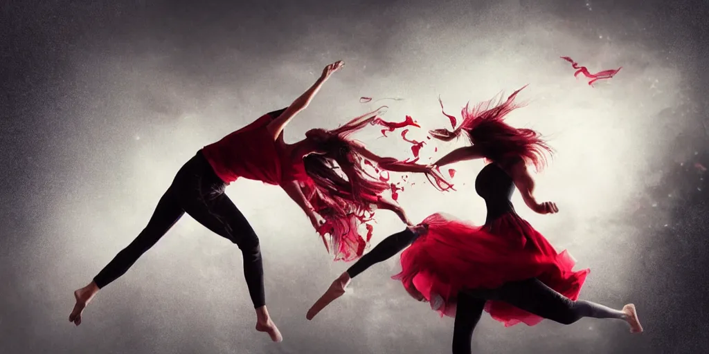 Image similar to epic scene of ( most gorgeous character hyper detail in amazing detail red dress, beautiful hyper detail face, detail ) ( fighting ) ( woman in a black tank top, detailed face ), hyper realistic 3 d render, art station, particles, epic scene, mucha, clouds, jump pose, blur focus, action,